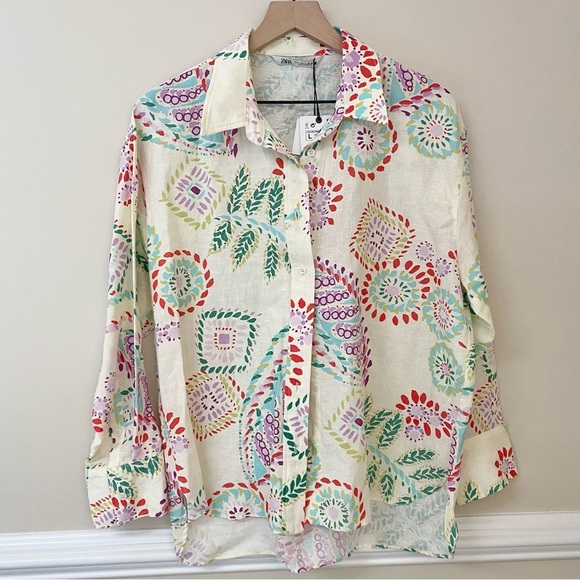 Zara Button Down Shirt L NWT Summer Print Linen Blend Bohemian - Picture 5 of 14